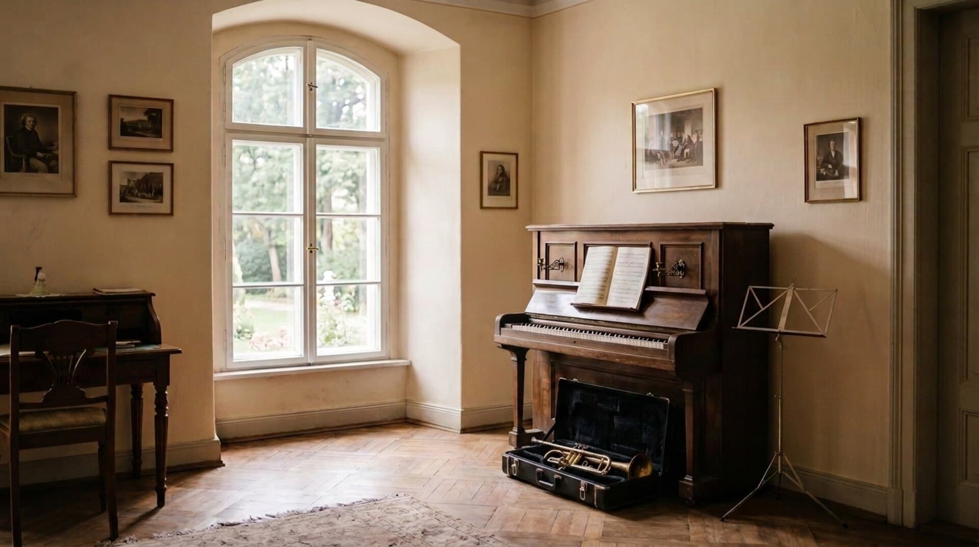 Ruhiger Musikraum in Weimar mit Klavier und Instrumenten am Fenster